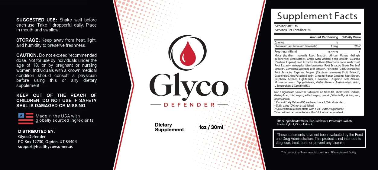GlycoDefender supplement facts label - 1oz / 30ml liquid